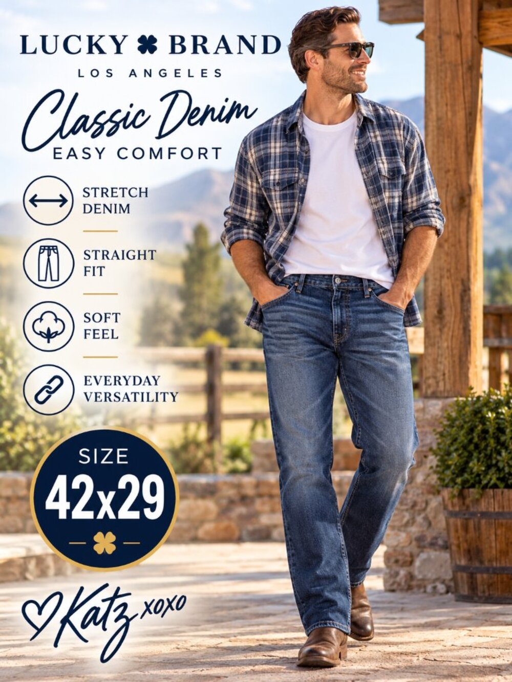 Lucky Brand 221 Straight Jeans Men 42x29 Stretch Denim Medium Wash Blue 42W 29L